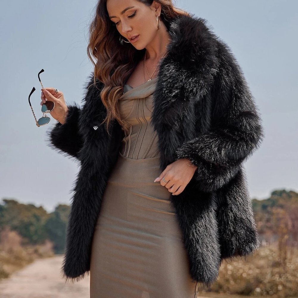 Black Preppy Womens Lapel Neck Slant Pockets Fuzzy Coat - Picture 4 of 5